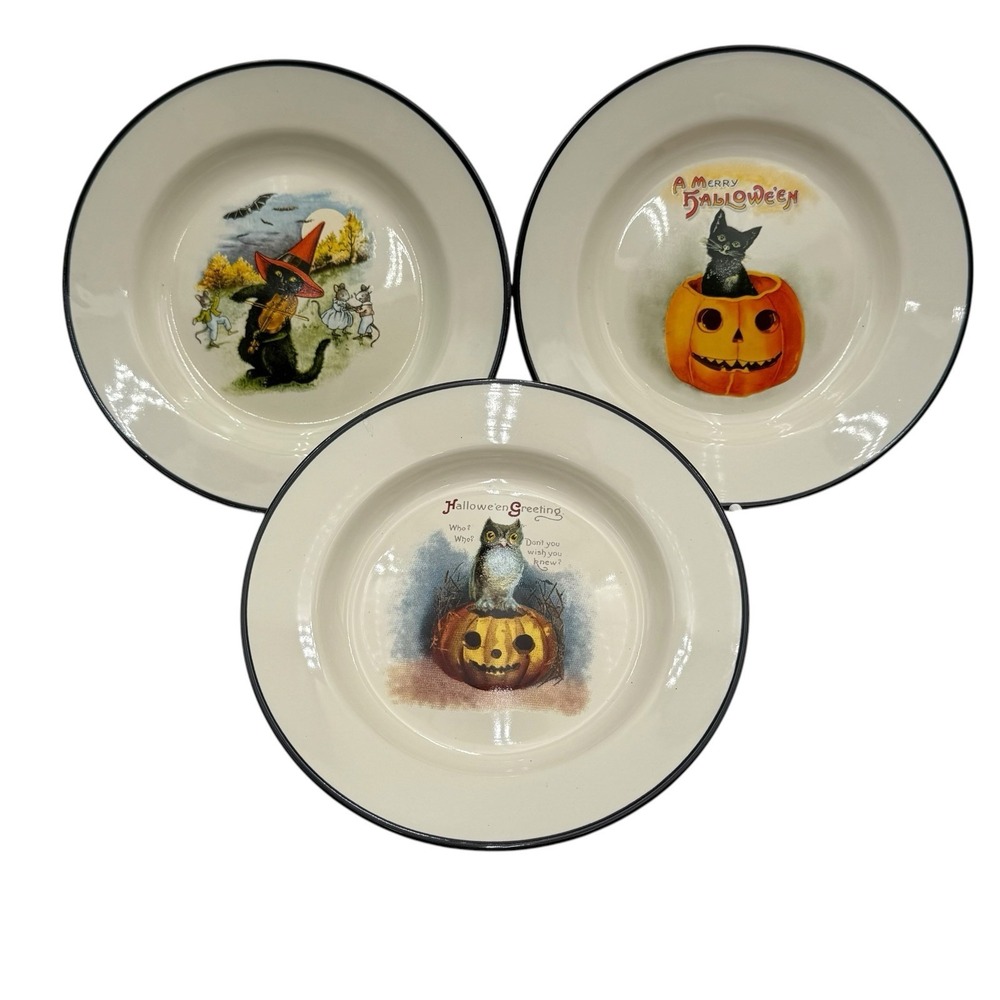 Set of 3 World Market‎ 6.5" Black Cat Owl Pumpkin Bat Appetizer Plates READ